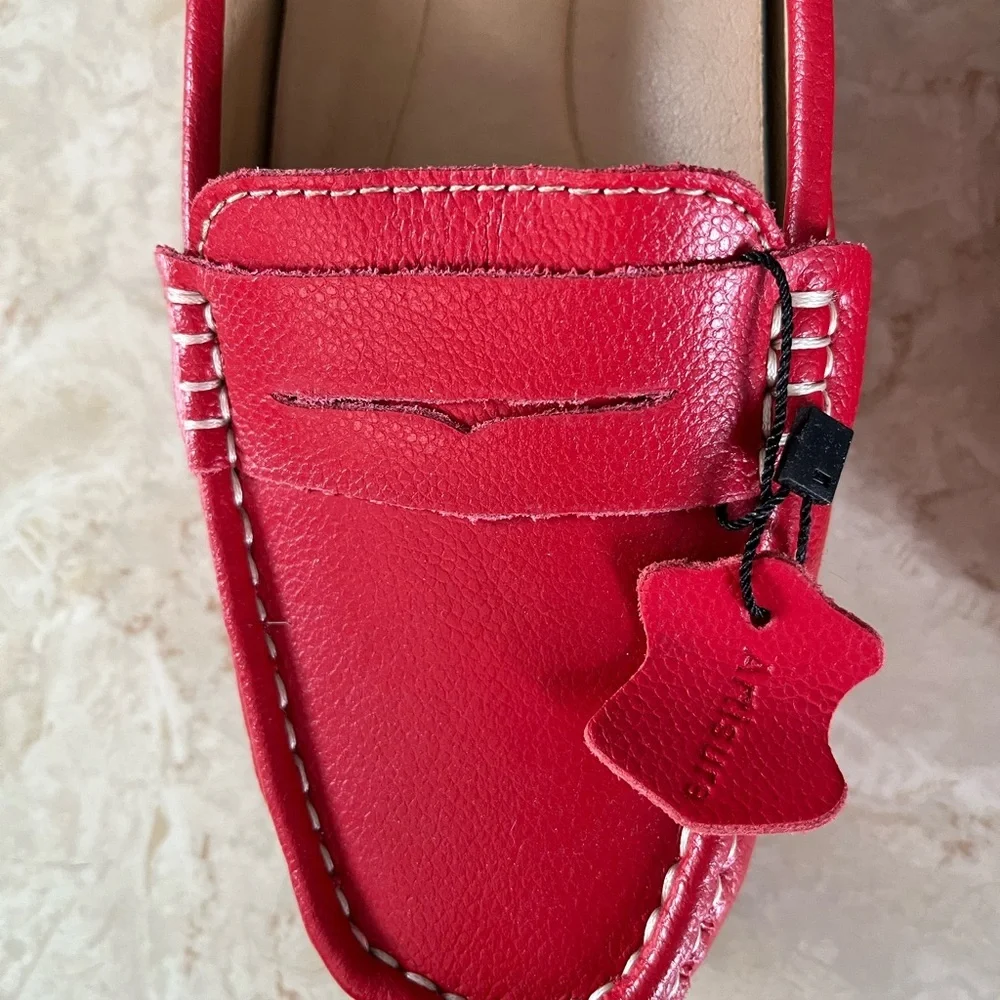 Cherry Red Leather Flats‎ with Moccasin Stitching